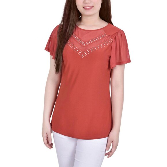 NWT Ny Collection Studded Short Flutter Sleeve Top PITU0042 PS Bossanova Orange - Picture 1 of 5